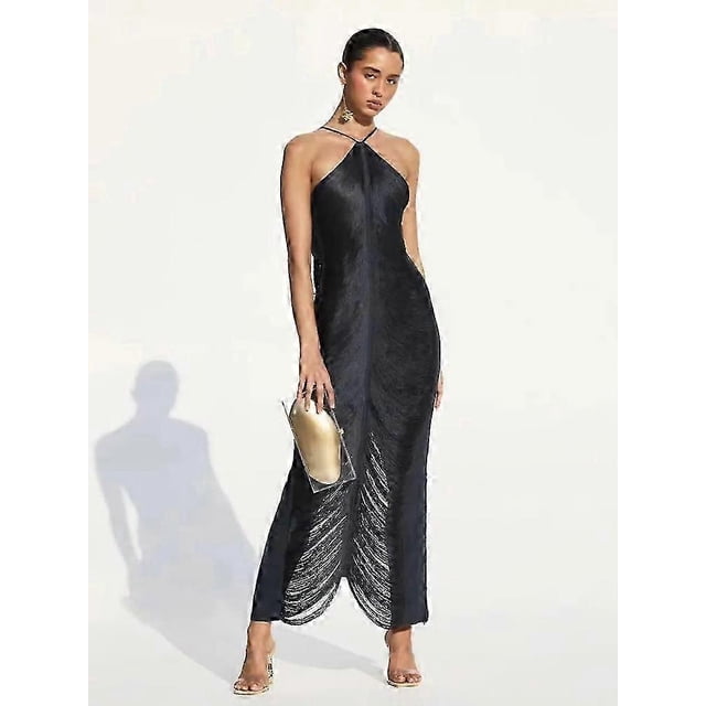 Vestido midi elegante de mujer, brillante, metálico, con cuello halter, sin mangas, sin espalda, bodycorn, largo, vestidos de dama, batas de noche para club