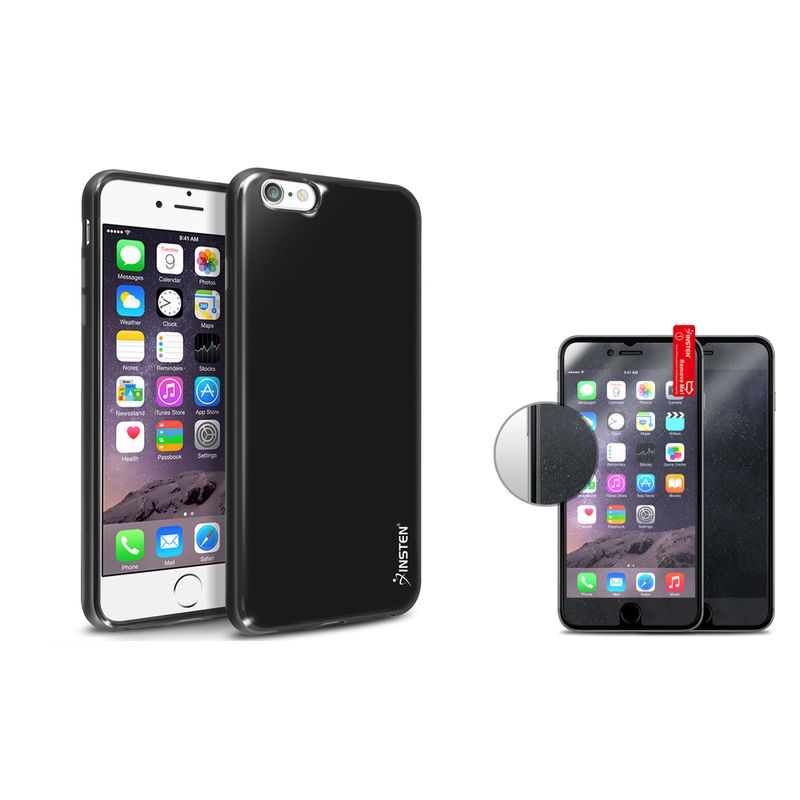 Insten Black Jelly TPU Gel Rubber Skin Case+Colorful Protector For iPhone 6S Plus 6 Plus 5.5"
