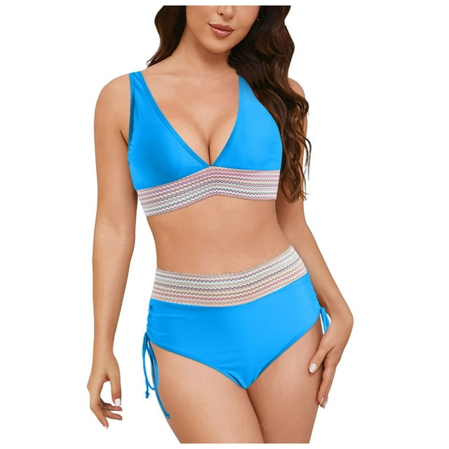 adviicd Bathing Suits Women High Waisted Bikini Sets Tummy Control Swimsuits Color Block Two Piece Drawstring Bathing Suit(Sky Blue,S)