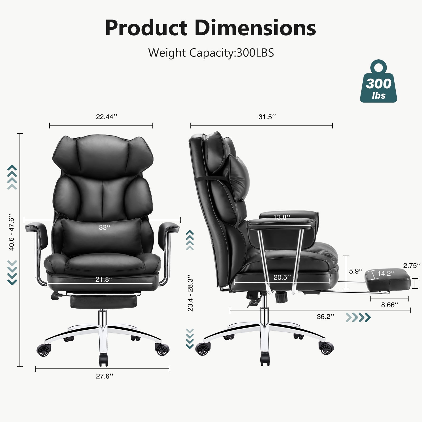 CONCETTA Executive Ergonomic Home Office Chair with Footrest & Lumbar Support, Big Tall High Back, PU Leather, Adjustable & Swivel, Black