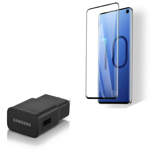 Galaxy S10  Adaptive Fast OEM Home Charger w Tempered Glass Screen Protector - USB Power Adapter, [Fingerprint Works] 3D Curved Edge Full Cover for Samsung Galaxy S10