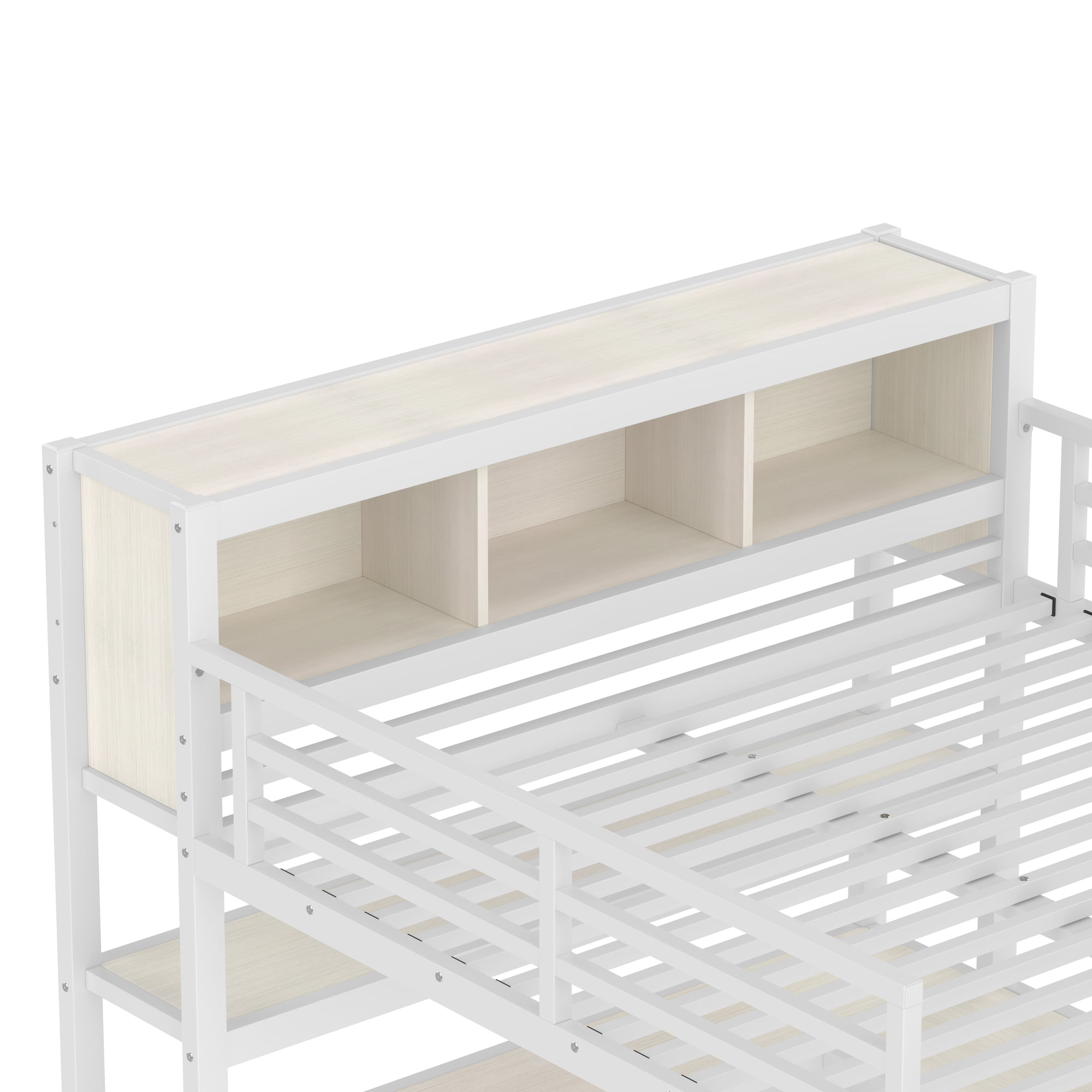 Queen Size Loft Bed with Wardrobe And L-shaped Desk, Metal Loft Bed with Storage Cubes and Shelves, Heavy Duty Loft Bed for Kids Teens Adults, White