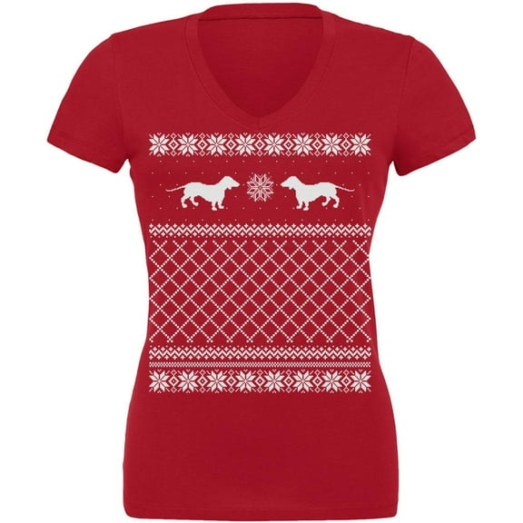 Dachshund Ugly Christmas Sweater Red Juniors V-Neck T-Shirt