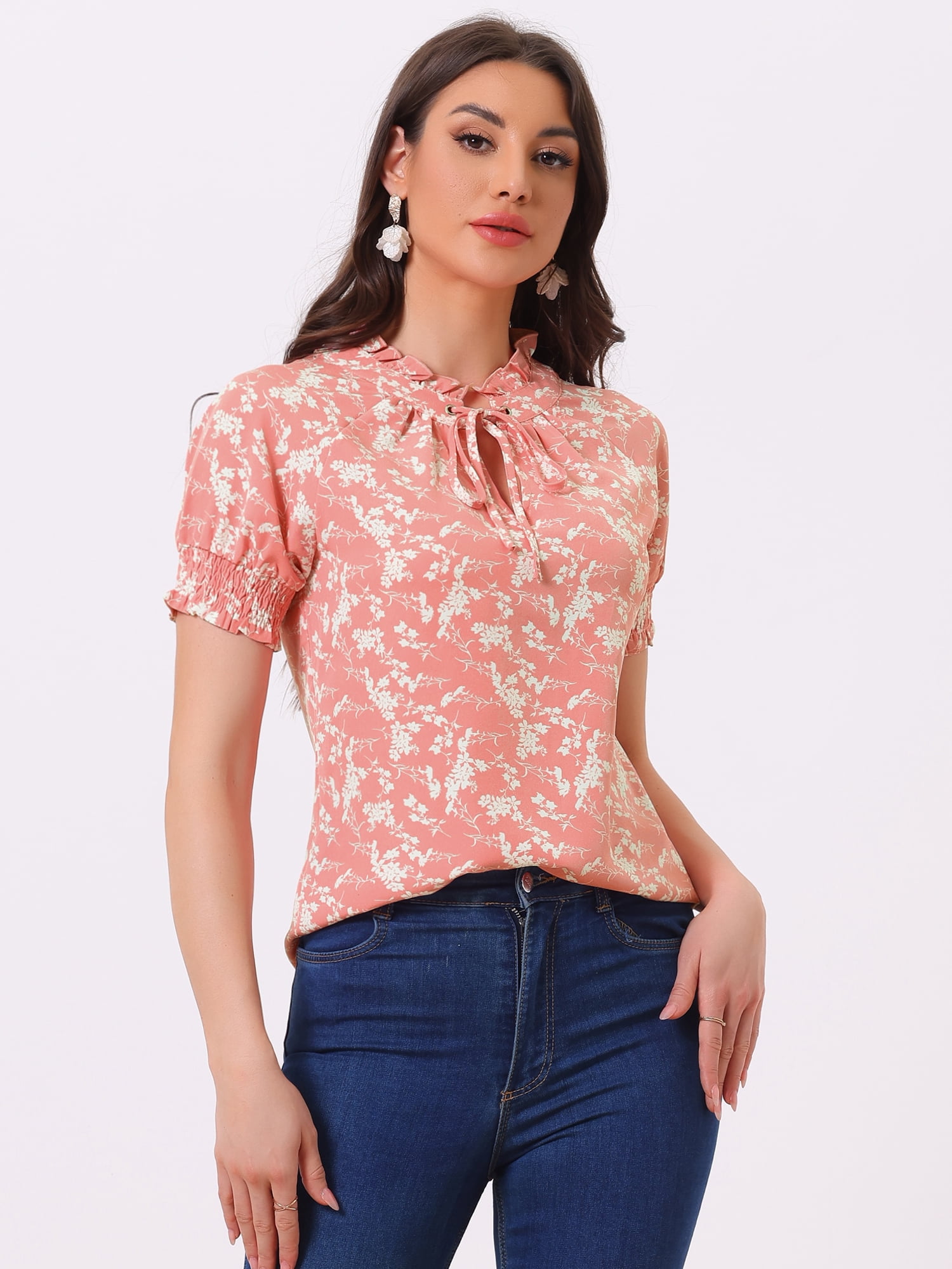 DARING DIVA Ruffle Tie Neck Casual Short Sleeve Blouse M Pink