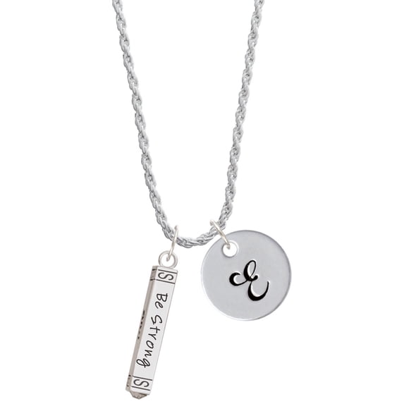 Delight Jewelry Silvertone Be Strong and Courageous Bar Silvertone Script Initial Disc - E - Charm Necklace, 20"+3"