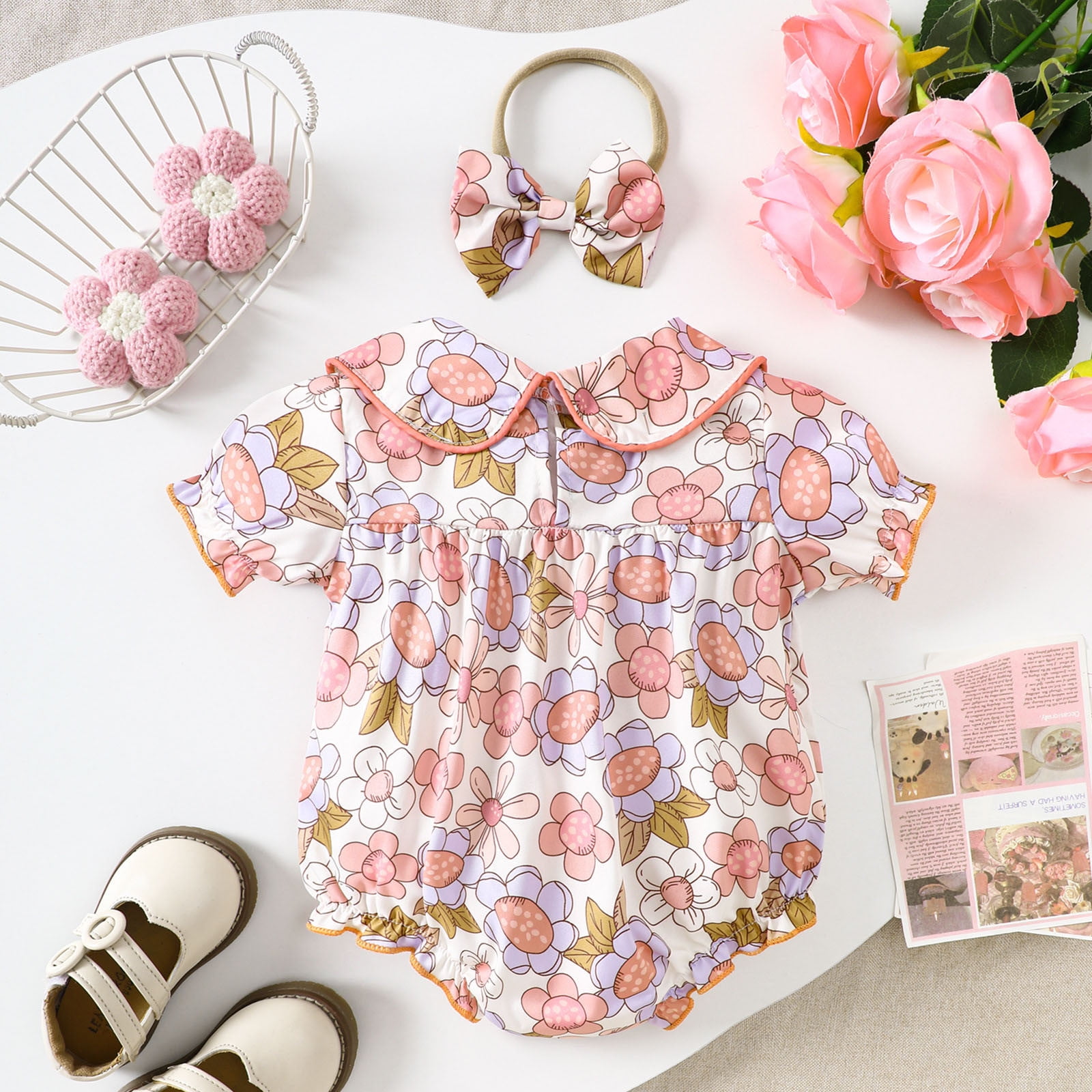 Baby Girl Bubble Romper Girls Short Sleeve Floral Prints Romper Ruffles Bodysuits Girls Summer Outfits Orange 0 Months-3 Months