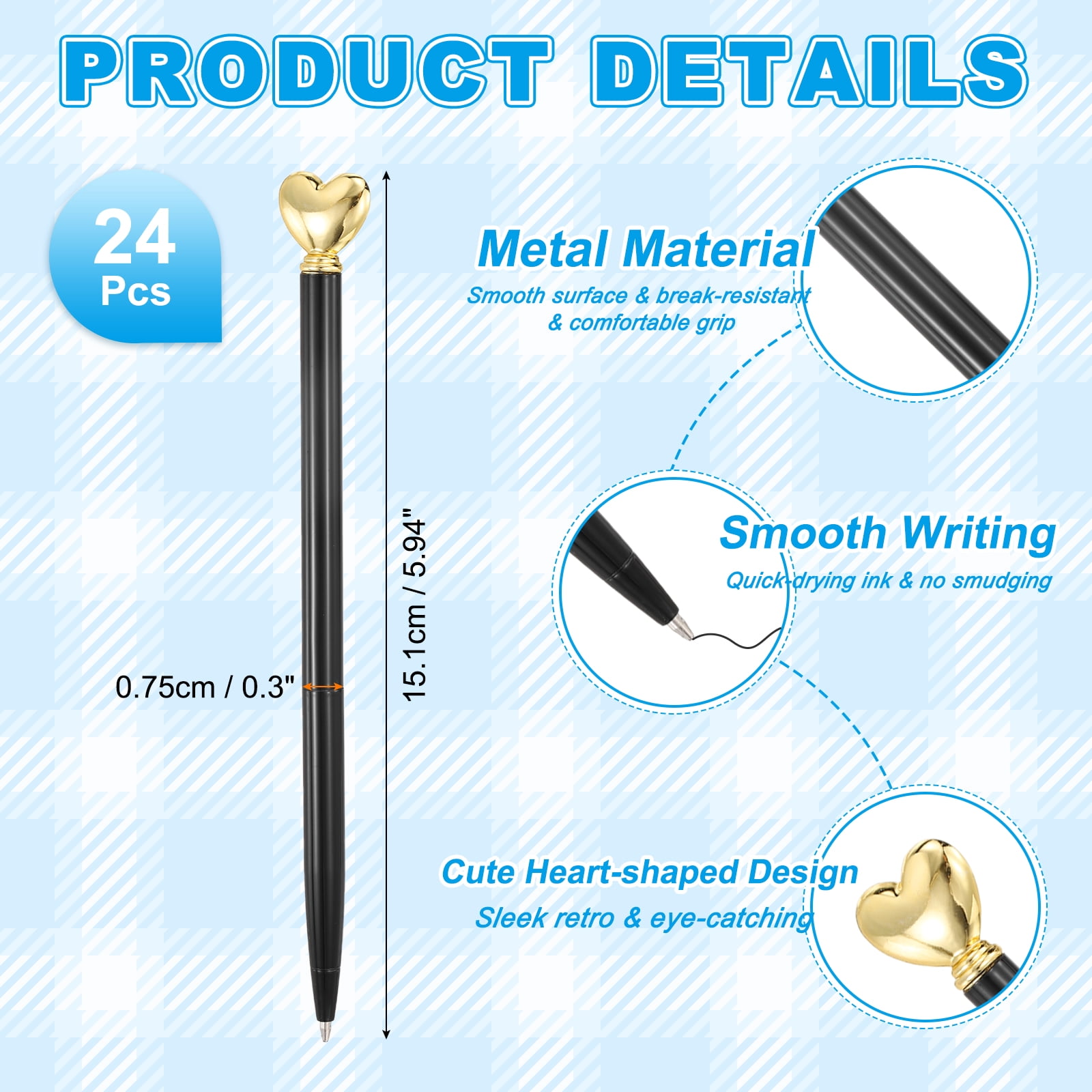 Uxcell Heart Pens 1.0 mm Black Ink, 24 Pcs Metal Cute Pens Heart Ballpoint Retractable for Women Wedding Office Party, Black/Gold