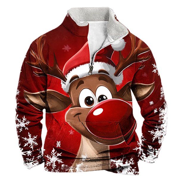 Sudadera sin capucha para hombre, de invierno, con cuello alto, cremallera, estampado navideño, jersey de manga larga, sudadera con capucha, blusa de poliéster para hombre