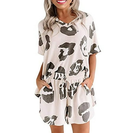 

UKAP Casual Short Pajamas Set For Womens Leopard Printed Short Sleeve Blouse Tops And Shorts Ladies Joggers PJ Sets Nightwear Loungewear Plus Size
