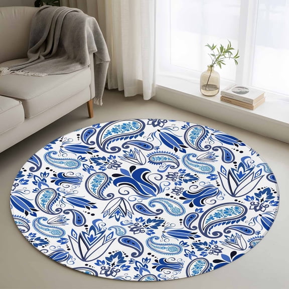 Round Rugs 3Ft, Boho Blue Floral Round Area Rug Washable Indoor Throw Carpet, Farmhouse Botanical Vintage Paisley Flower Small Non Slip Circle Rug for Bedroom Living Room Home Decor Aesthetic