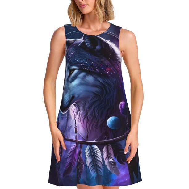 Fotbe Feathered Wolf Vestido de Verano sin Mangas para Mujer – Vestido Midi Línea A, Estilo Camiseta Floral, Vestido Playero Casual y Fluido