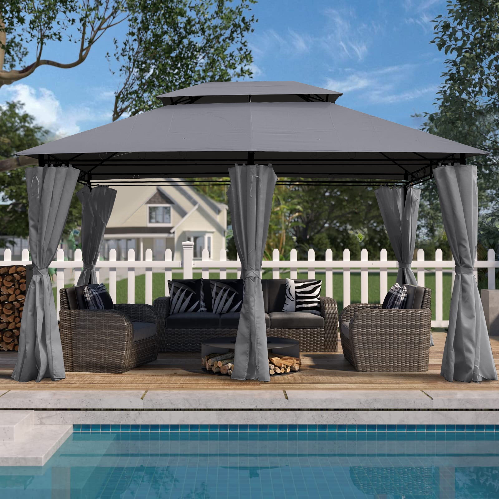 13x10 Outdoor Patio Gazebo Canopy Tent With Ventilated Double Roof And SideWall(Detachable Curtain Included On All Sides),Suitable for Lawn, Garden, Backyard and Deck-Gray