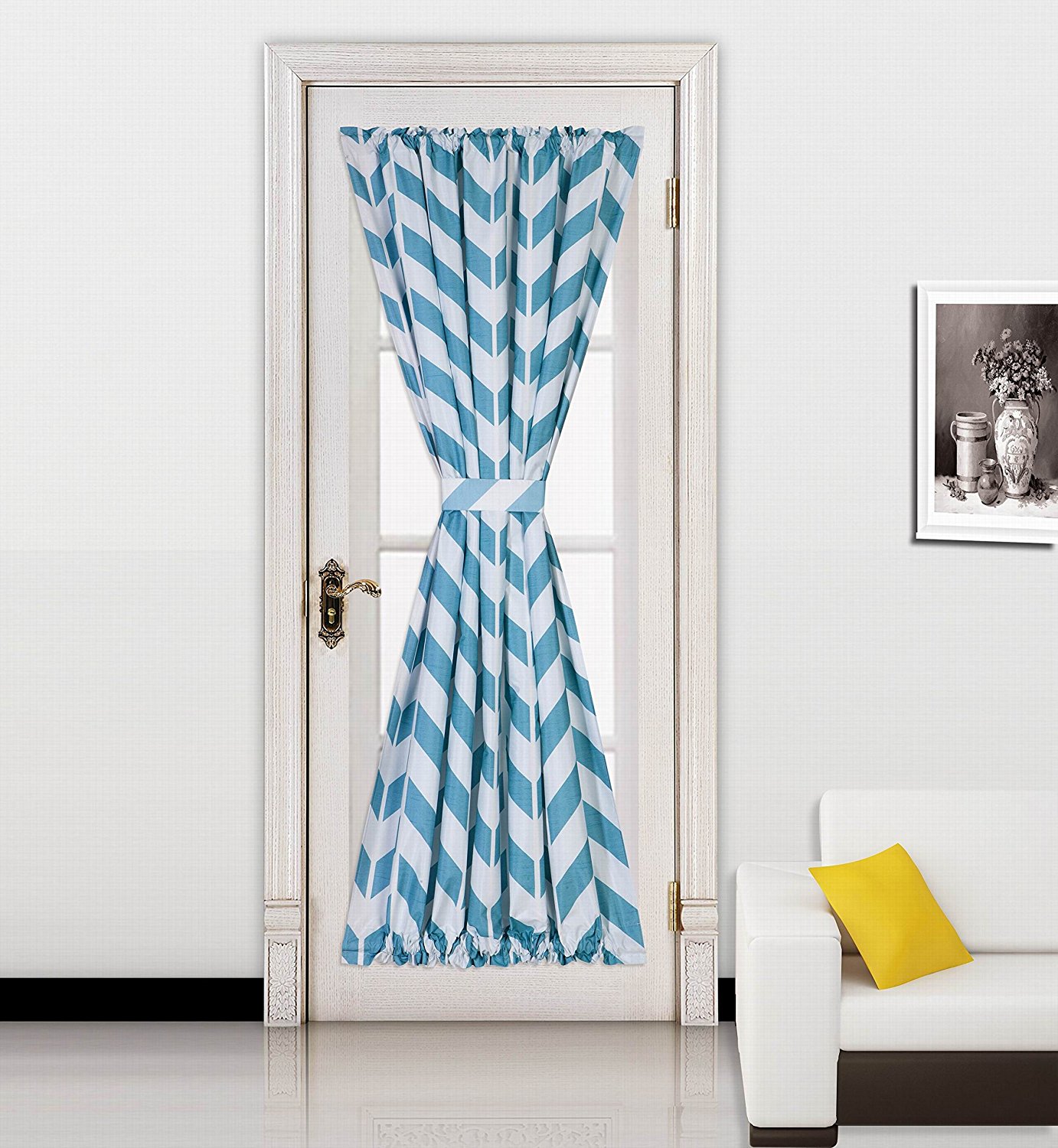 (Meme)1Pc Aqua Turquoise Chevron Printed Mix Color French Door Foam Backing Insulated Thermal Blackout Rod Pocket Curtain Panel With Tieback 55