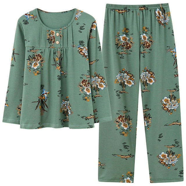 REDHOTYPE Pyjama Floral Fantaisie Mode Femme Printemps Automne Maman Manches Longues Coton Col Rond Ensemble Maison Grande Taille Automne
