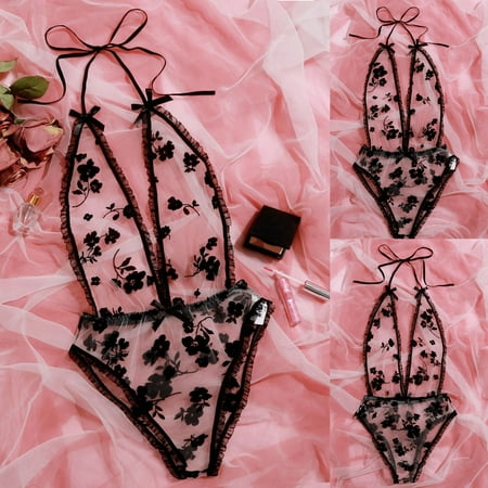 Black Womens Underwear Bow Tie Embroidery Deep V Lace Bodysuit Lingerie Teddy Underwear Bodydoll