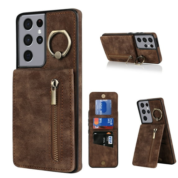 Mantto Wallet Case for Samsung S21 Ultra, Slim Premium Credit Card Slot, Zipper Wallet Case with Ring Holder Kickstand Leather Magnetic Flip Back Shockproof Cover for Samsung Galaxy S21 Ultra, Brown