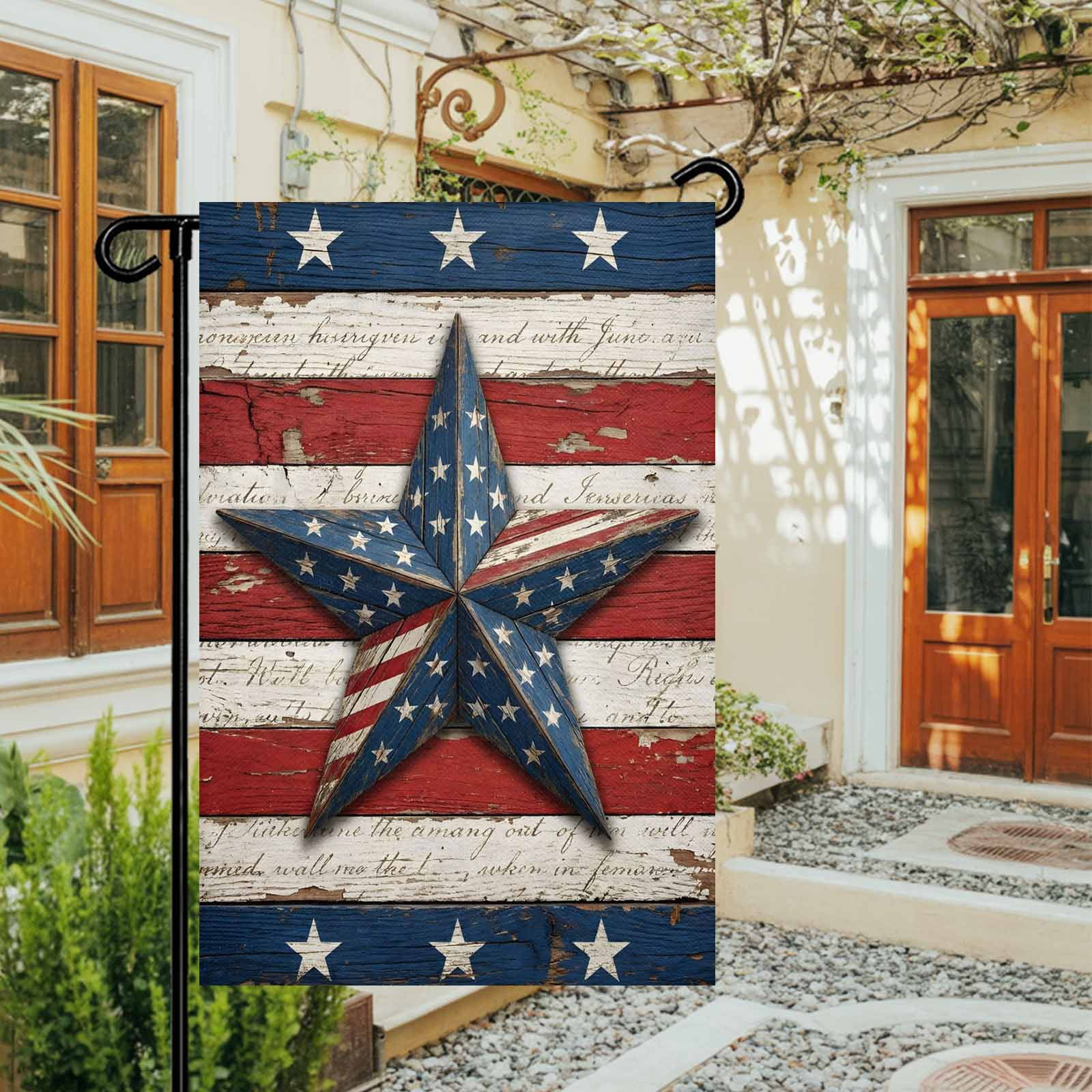 4th of July Garden Flags Patriotic Star Stripes Garden Flag Double Sided Welcome Flag Retro Wood Grain Independence Day Yard Flags for Outdoor Lawn Porch Memorial Day Holiday Decor 28x40 Inch