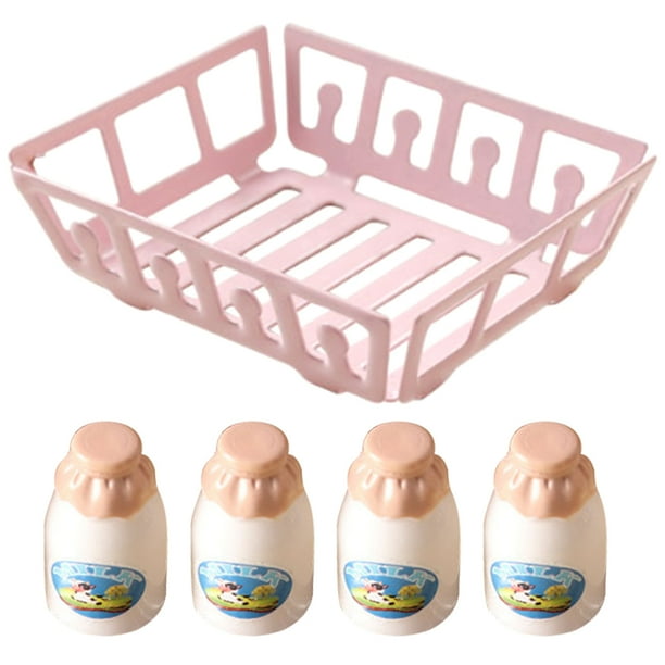 KAKOWELY juego de cesta de leche en miniatura, cesta de frutas, casa de muñecas, decoración de botella de leche en miniatura