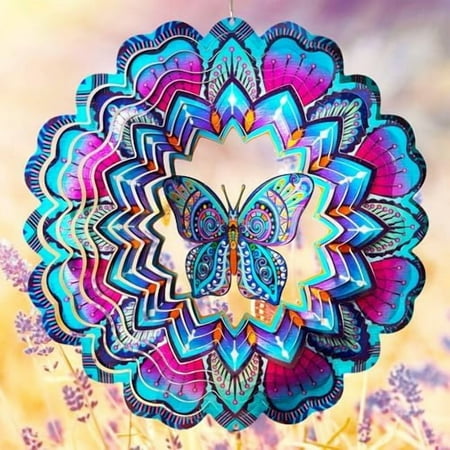 Wind Spinner Butterfly 12 inch 3D Stainless Steel Wind Sculpture, Laser Cut Metal Art Geometric Pattern Hanging Mandala Wind Spinners