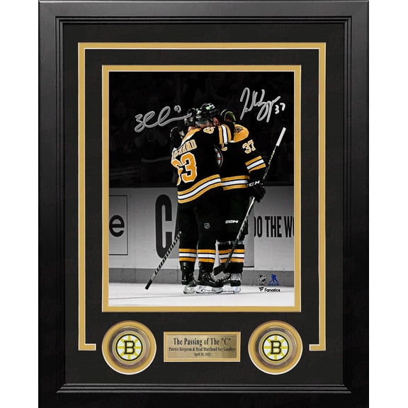 Patrice Bergeron & Brad Marchand Dual Signed Boston Bruins Final Game Hug Autographed 8"x10" Framed Photo