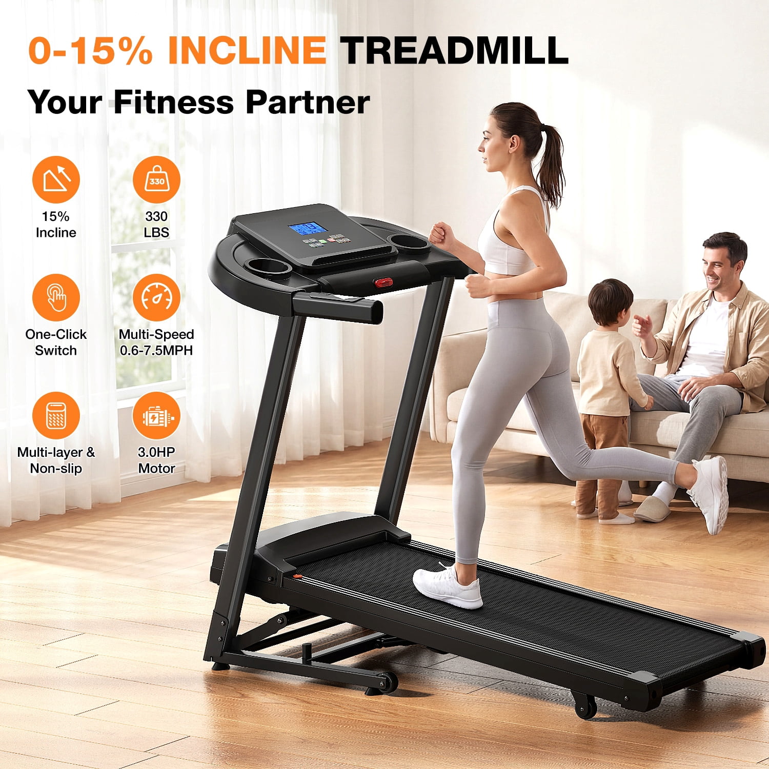 330-440lbs Capacity Treadmill for Home, Foldable Treadmill with 0-15% Auto Incline, Portable Treadmill Compact Foldable Walking Pad Treadmills with 7.5 MPH Speed
