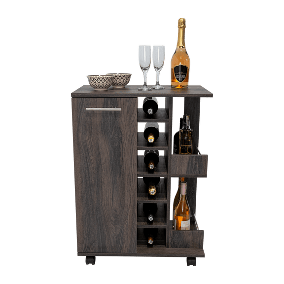 Bar Cart, Two External Shelves, Four Casters, Six Built-in Wine Rack, Single Door Cabinet -Espresso