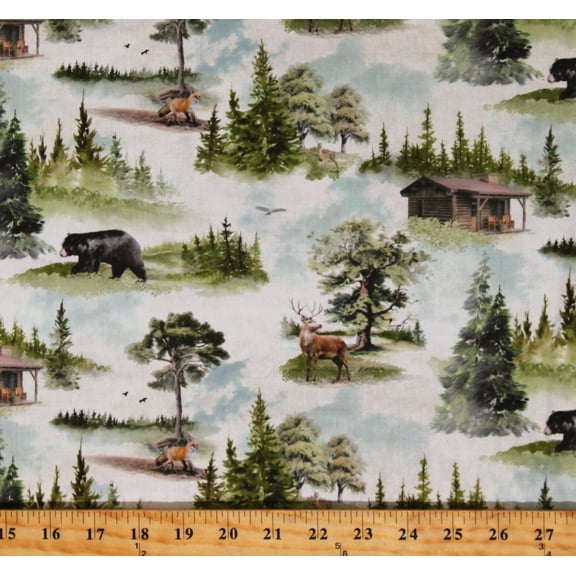 Cotton Northwoods Animals Cabins Foxes Bears Deer Woodland Forest Back Country Light Butter Cotton Fabric Print by the Yard (Y3854-58LIGHTBUTTER)