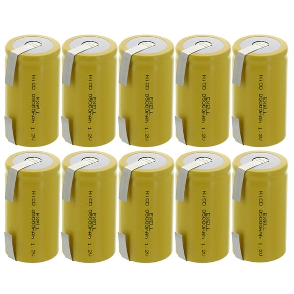 10x Exell D Size 1.2V 5000mAh NiCD Rechargeable Batteries with Tabs