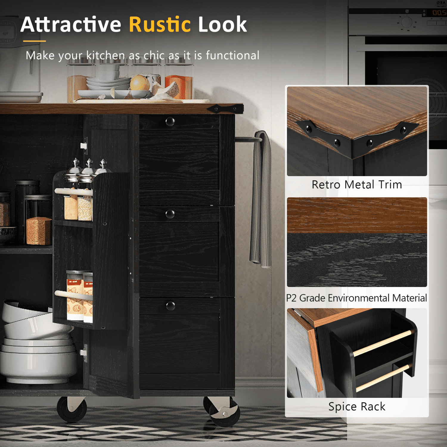 Harper & Bright Designs Farmhouse Kitchen Island with Power Outlet, Kitchen Storage Island with Drop Leaf, Rolling Kitchen Cart on Wheels with Internal Storage Rack, Spice Rack, Black