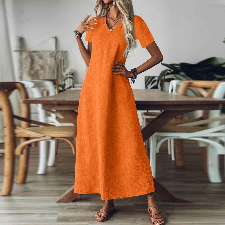 orange colour dresses for women Women's Cotton Floral Dress Orange / S Cotton Color AOMEI Women's Bodycon Elegant Dresses