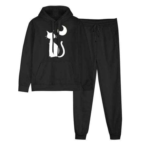 Risckoth Women's Halloween Two-Piece Sweat Outfit, Crescent Moon Black Cat Star Graphic Pullover Hoodie Cuffed Jogger Pants S-2XL