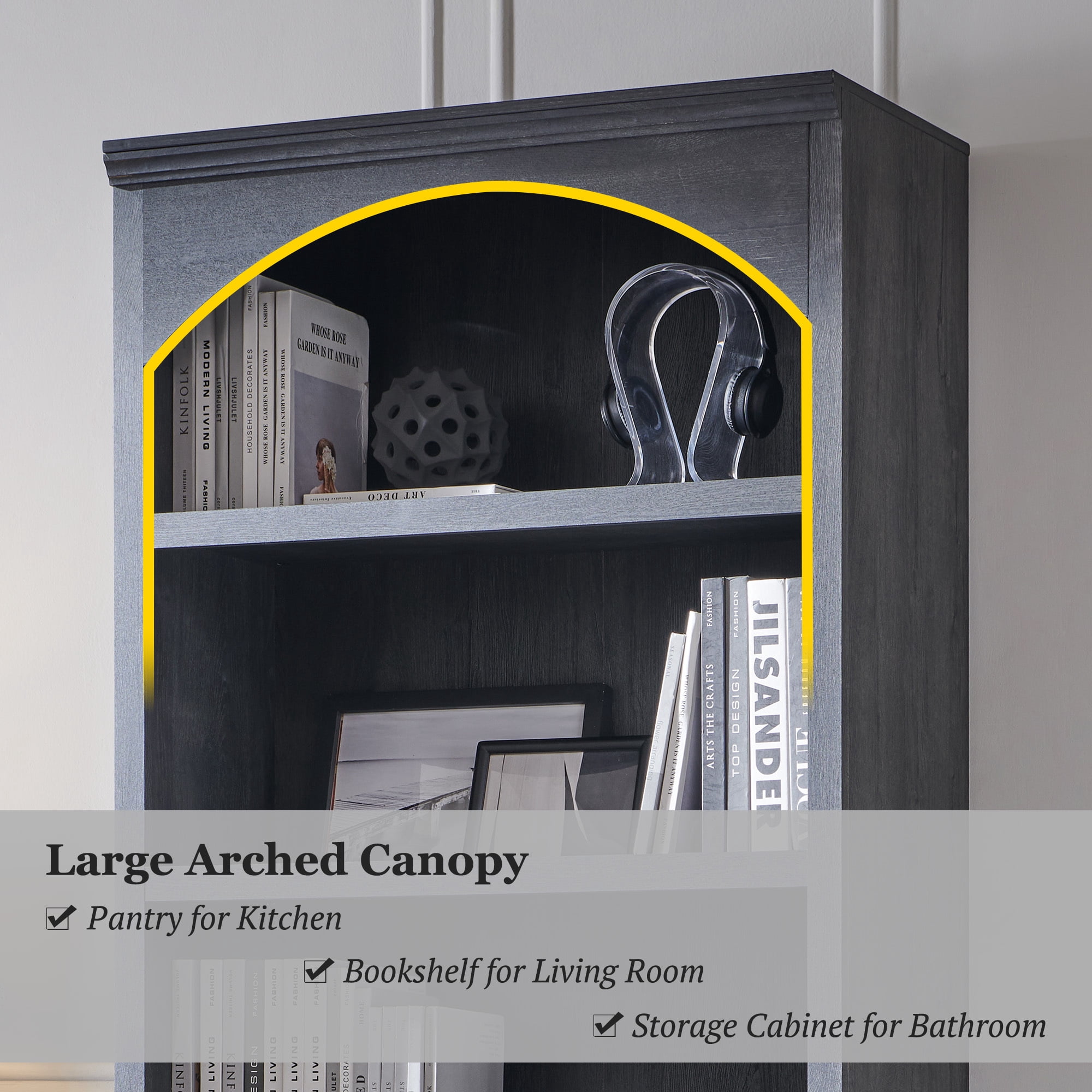 SinCiDo Tall Arched Bookcase, 5-Tier Large Bookshelf with Open Display Shelves for Living Room, Grey