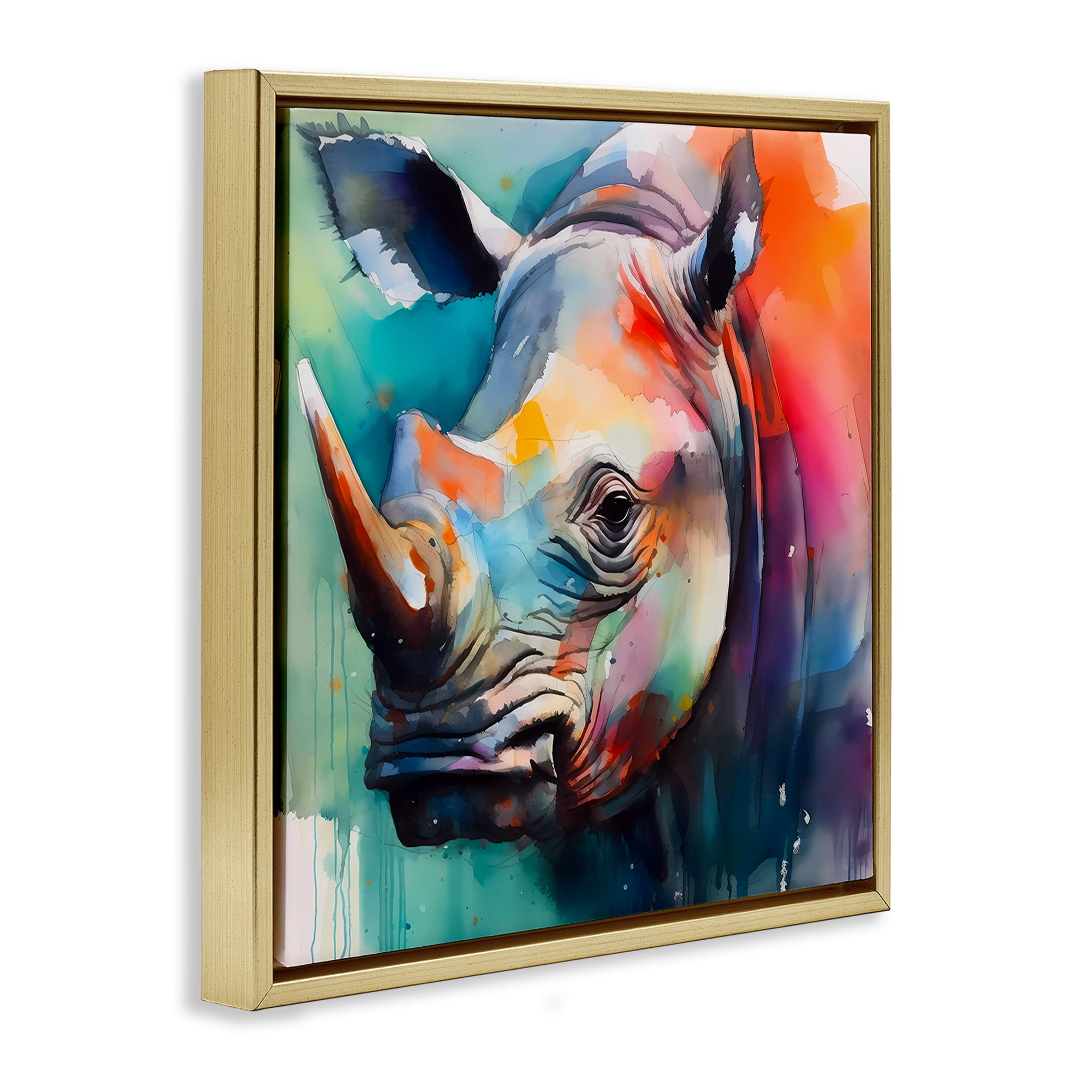 Stupell Industries Rhino with Modern Hues Animals & Insects Painting Gold Floater Framed Canvas Art Print Wall Art, 18 x 18