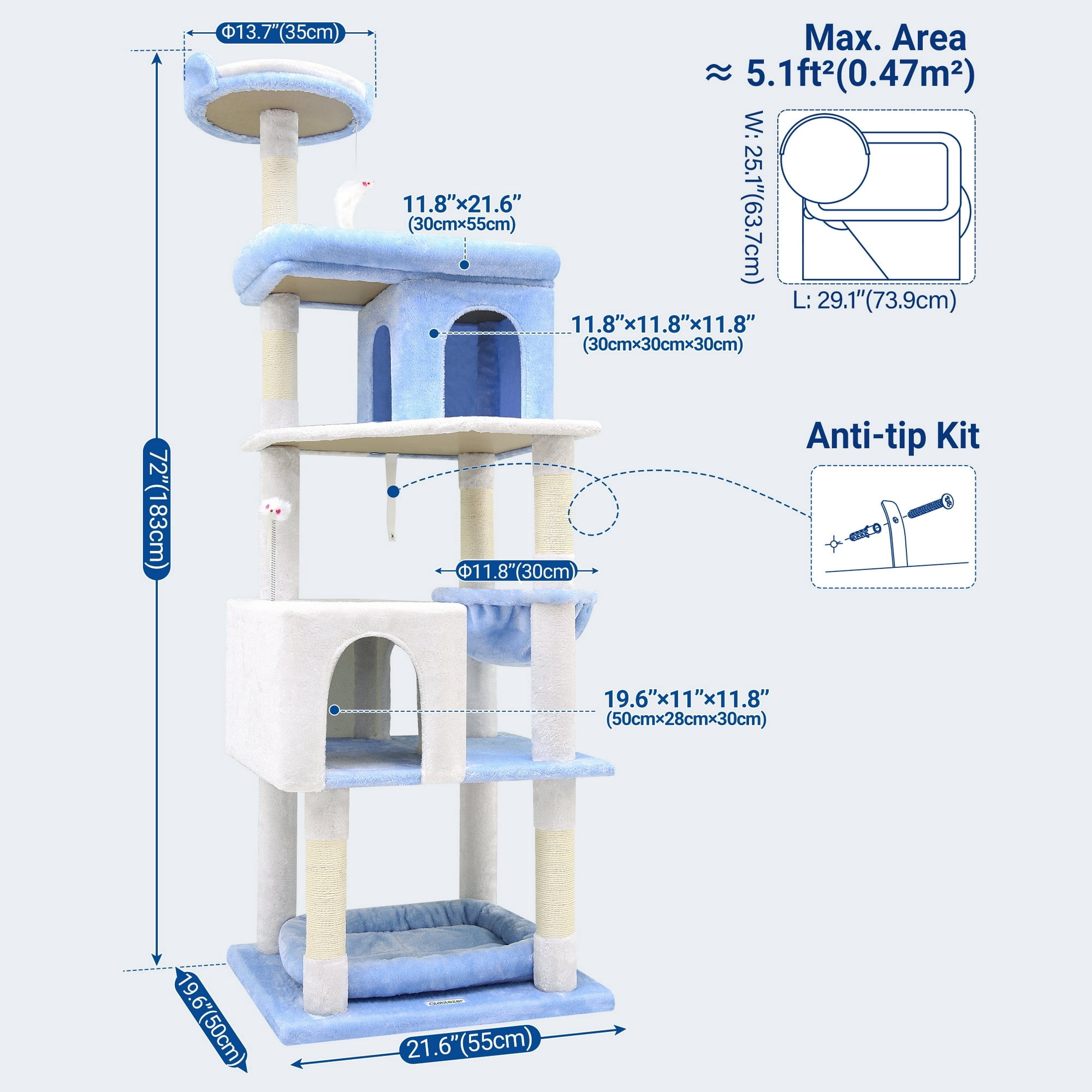 CT72S Heavy-Duty Ocean Blue Cat Tree | 72" Maine Coon Tower for Large Cats 20 lbs+ | Durable Playground with 6 Scratching Posts & Hammock