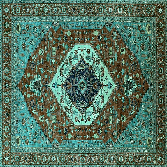 Ahgly Company Machine Washable Indoor Square Persian Turquoise Blue Traditional Area Rugs, 7' Square