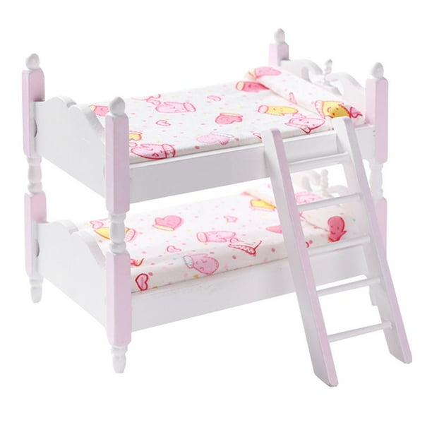 Casa de muñecas en miniatura a escala 1/12, dormitorio infantil vintage, litera de madera rosa Rosado