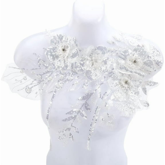 Large 3D Floral Embroidered Applique White Sequin Beaded Flower Lace Appliques Vintage Rhinestone Embroidery Sew on Tulle Patches for DIY Sewing Making Crafts Clothes Gowns Dresses Costumes DIY