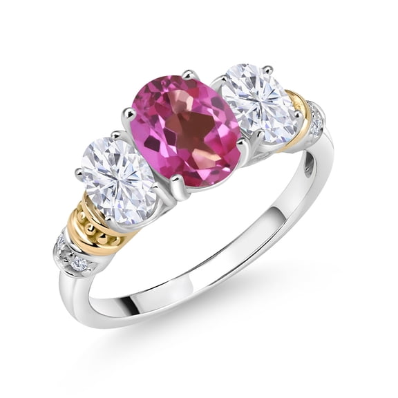 Gem Stone King 925 Sterling Silver and 10K Yellow Gold Oval Pink Mystic Topaz White Moissanite and White Diamond 3 Stone Ring for Women (2.33 Cttw, Gemstone Birthstone, Size 8)