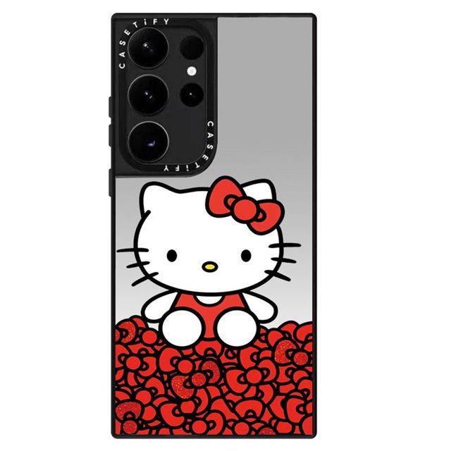 Para Samsung S22 S23 Ultra Creativo Espejo Diseño Lindo Rojo Lazo Hello Kitty Patrón Suave TPU Antiarañazos Negro Funda De Teléfono A Prueba De Golpes Cubierta Caídas Cáscara Protectora