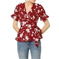 thumbnail image 6 of INSPIRE CHIC Women's Tops Floral V Neck Short Sleeves Round Hem Ruffle Peplum Blouse XL Red, 6 of 9