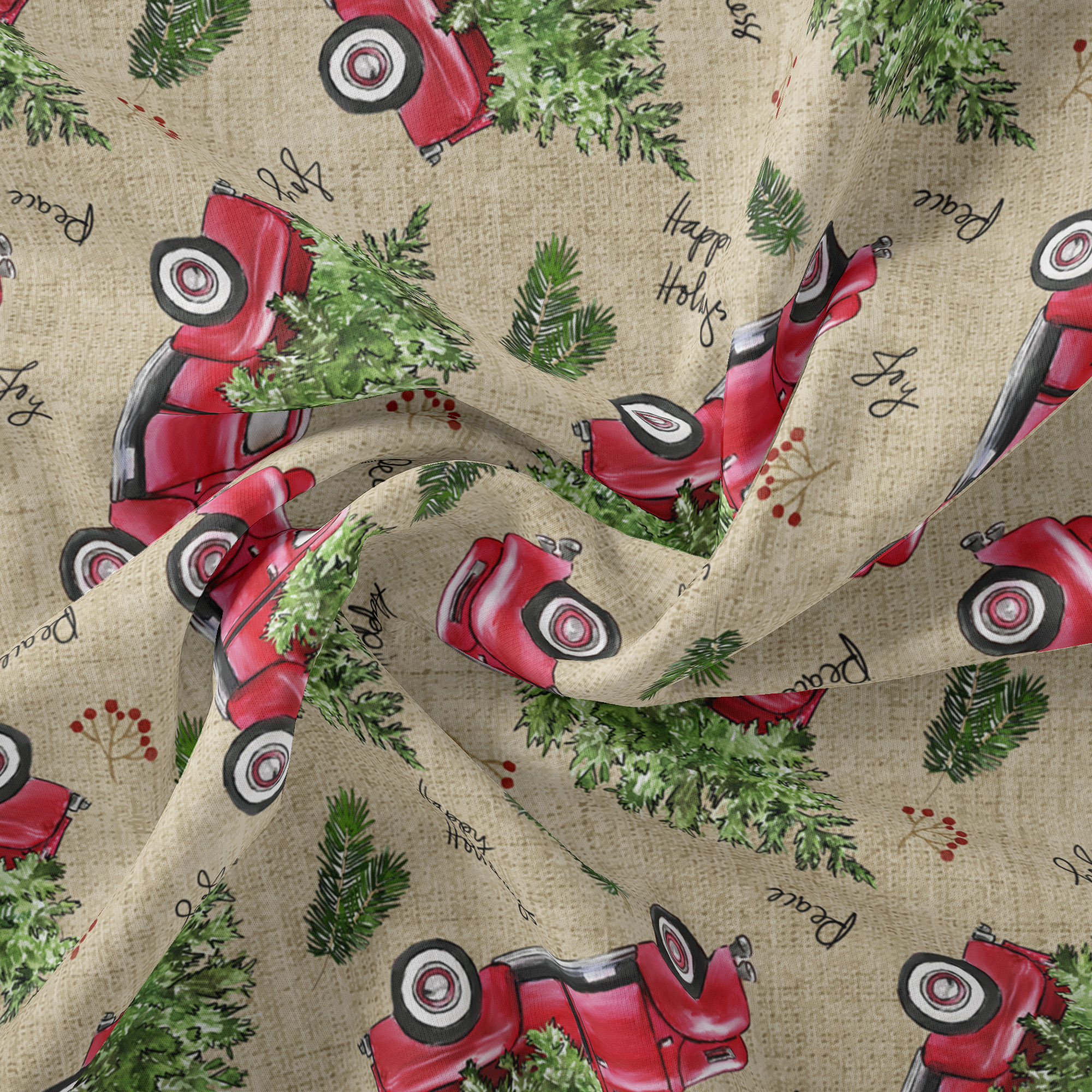 (2 pack) David Textiles 1-Yard Cotton Vintage Christmas Trucks Precut Fabric, Red