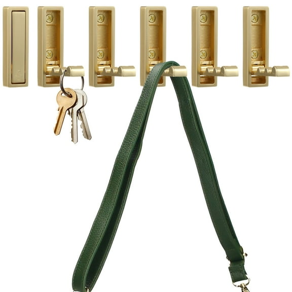 6 PCS Folding Coat Hooks, Heavy Duty Metal Wall Hook Hanger, Concealed Furniture Handles for Cabinet, Drawer, Wardrobe, Rectangular Brushed Golden, Includes Screws