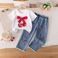 thumbnail image 2 of Taybagh Toddler Girl Outfits Bow and Cherry Print 2t Girl Clothes Vacation Outfits Short Tshirt Jeans Set, 2 of 7