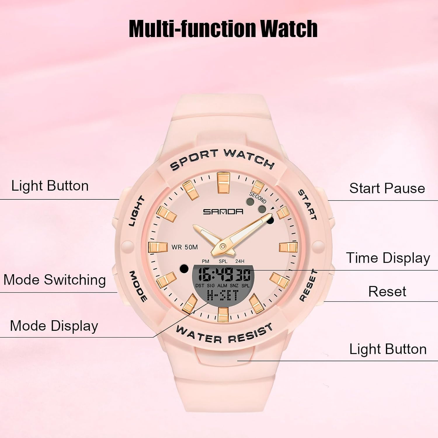 Electronic Wristwatch Digital Analog Quartz Watches Ladies Simple Resin 50M Waterproof Watch Multifunctional Military for Women