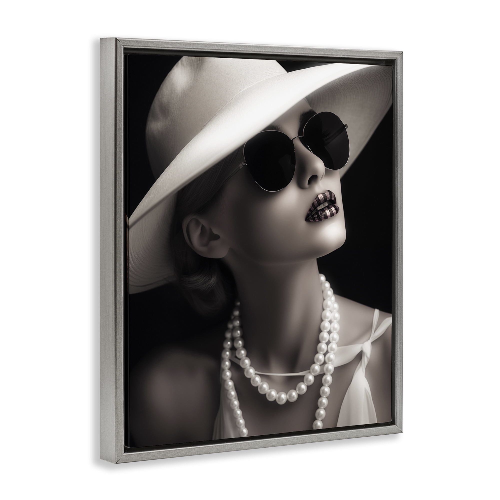 Stupell Industries Trendy Girl with Striped Lips Novelty Painting Gray Floater Framed Art Print Wall Art, 17 x 21