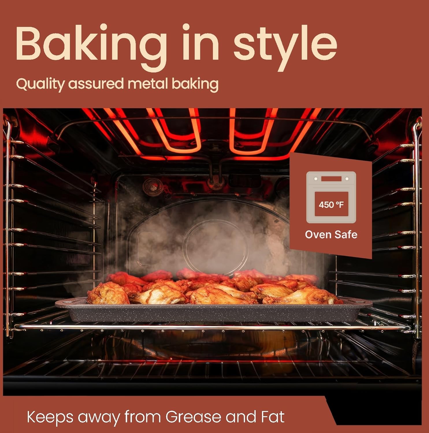 Bakken Cookie Sheet with Wire Rack Set, 2-Piece Nonstick Carbon Steel Pan 17.4" & Cooling Rack 14.7", Stackable Set, Oven Safe 450°F, Brown Marble