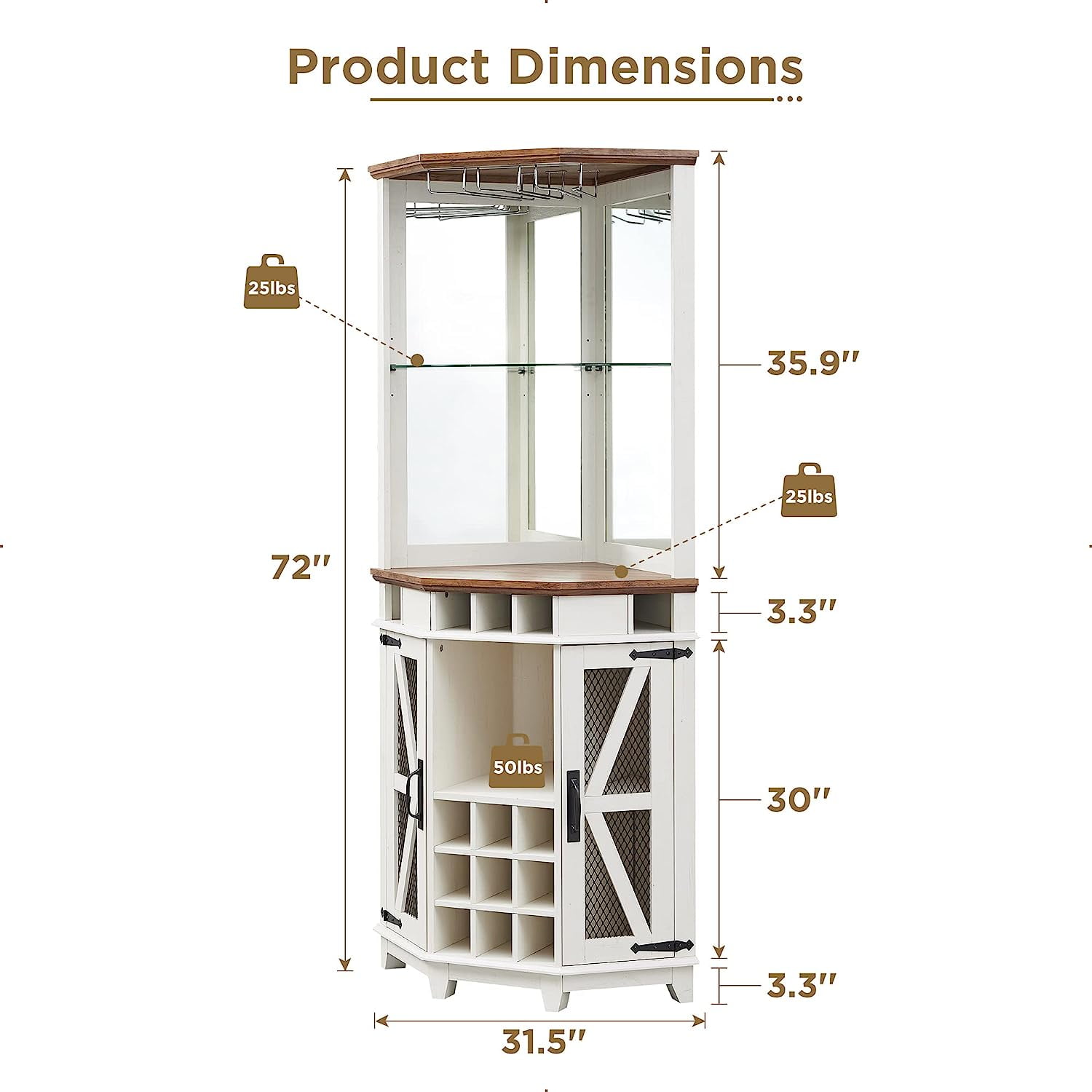 OKD Farmhouse Corner Bar Cabinet with Glass Holder, 72” Tall Wine Bar with LED Light & Adjustable Shelf for Living Room and Dining Room, White