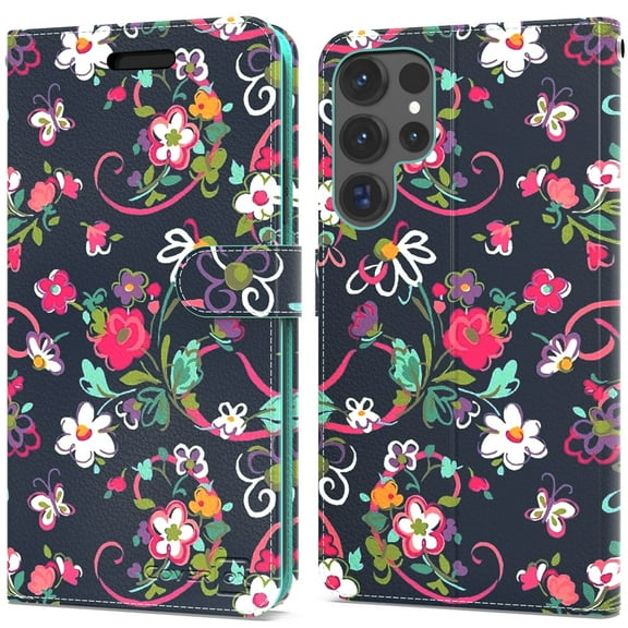 CoverON For Samsung Galaxy S25 Ultra Wallet Case, RFID Blocking Vegan Leather 6x Card Slot Holder Cover Flip Folio Phone Pouch, Navy Flower