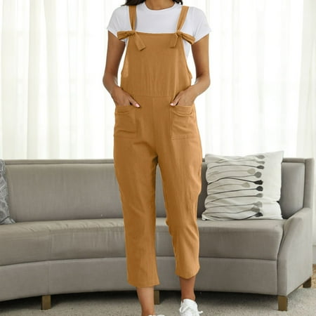 

TOWED22 Womens Jumpsuits Casual Women s Waffle Knit Strapless Sleeveless Short Jumpsuits Belted Tie Knot Tube Romper Khaki