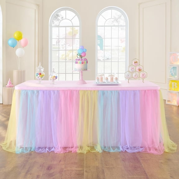 AUQ 72In Rainbow Tulle Table Skirts for Rectangle Tables 6/4Ft, 2-Layer Pastel Color Unicorn Ruffle Tulle Tutu Cloth Table Skirt 6Ft for Girl Birthday Party Baby Shower Cake Dessert